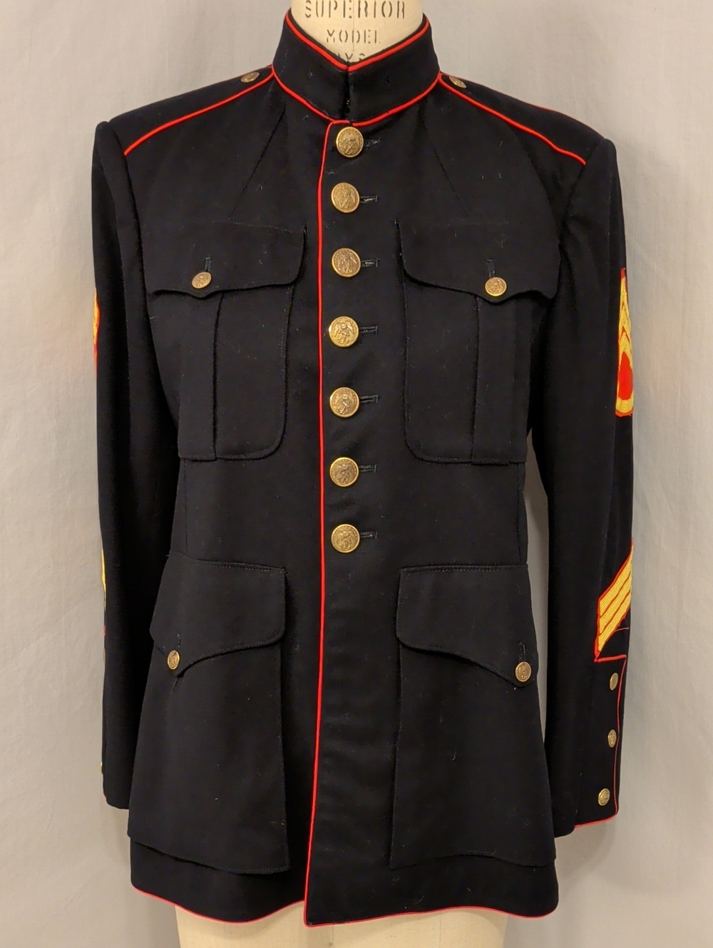 Men's Black Wool Military Dress Jacket w Red Piping & Patches US Marines SeeMes